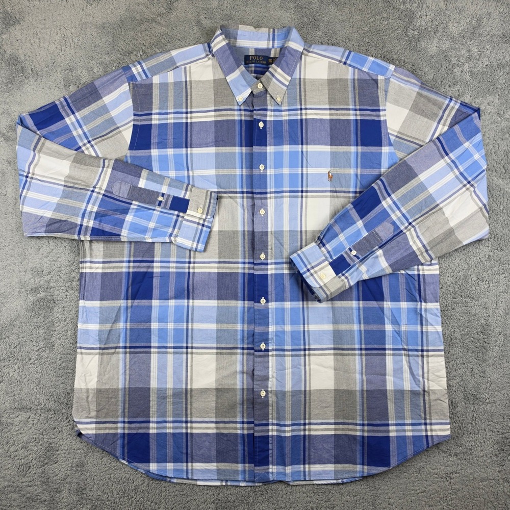 Polo Ralph Lauren Oxford Shirt Mens 3XLT Blue Plaid Long Sleeve Cotton Button